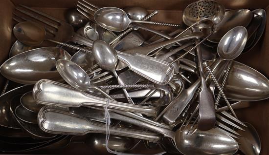 A quantity of assorted 19th century and later silver and white metal flatware, various patterns, dates and makers, 58.5 oz.